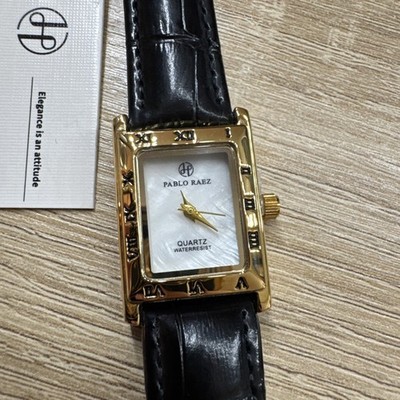 Pablo Raez Women sBlack Leather Square Gold Tank Quartz Watch From USA