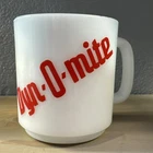 Vintage GLASBAKE DYN-O-MITE Milk Glass Coffee Mug Red Graphics Heat Resistant