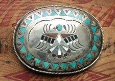 Vg Handmade Sterling Silver Turquoise Coral Abalone Onyx Thunderbird Belt Buckle