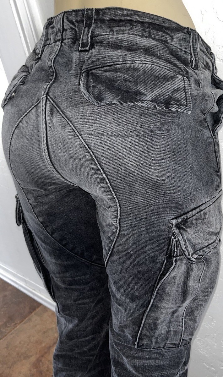 $995 Amiri M65 Grey Black Denim Snap Flare Leg Cargo Pocket Jeans