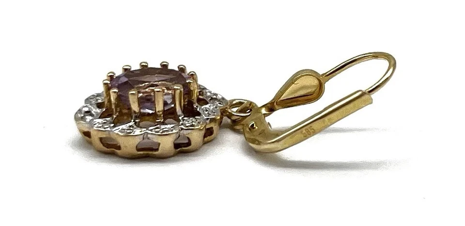 585/- 14kt Gold Ohrhänger, Amethyst, oval, Diamanten, ca. 0,04 ct, 30 mm lang - Bild 2 von 2