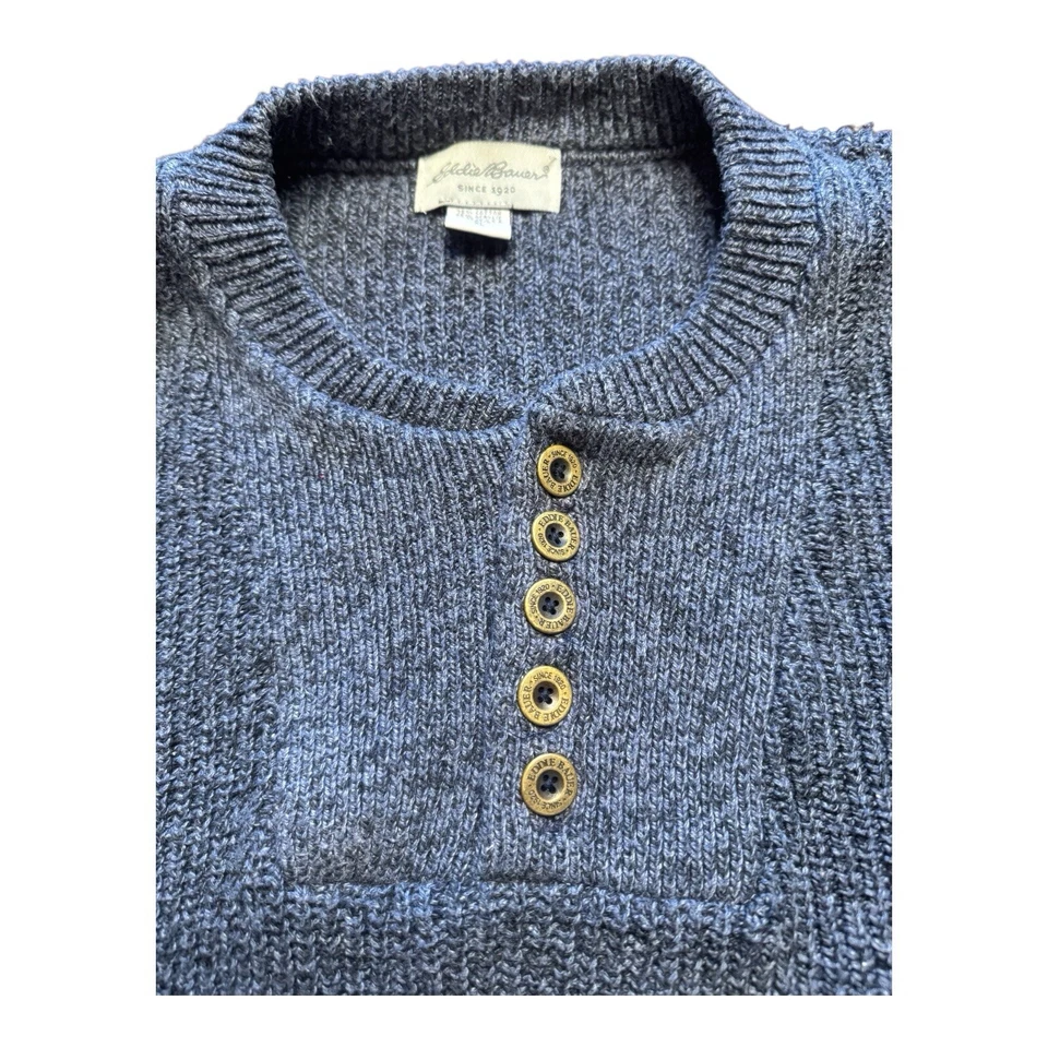 Vintage Eddie Bauer Henley Sweater Mens XL Blue Chunky Knit Fisherman Ribbed - Image 2 of 4