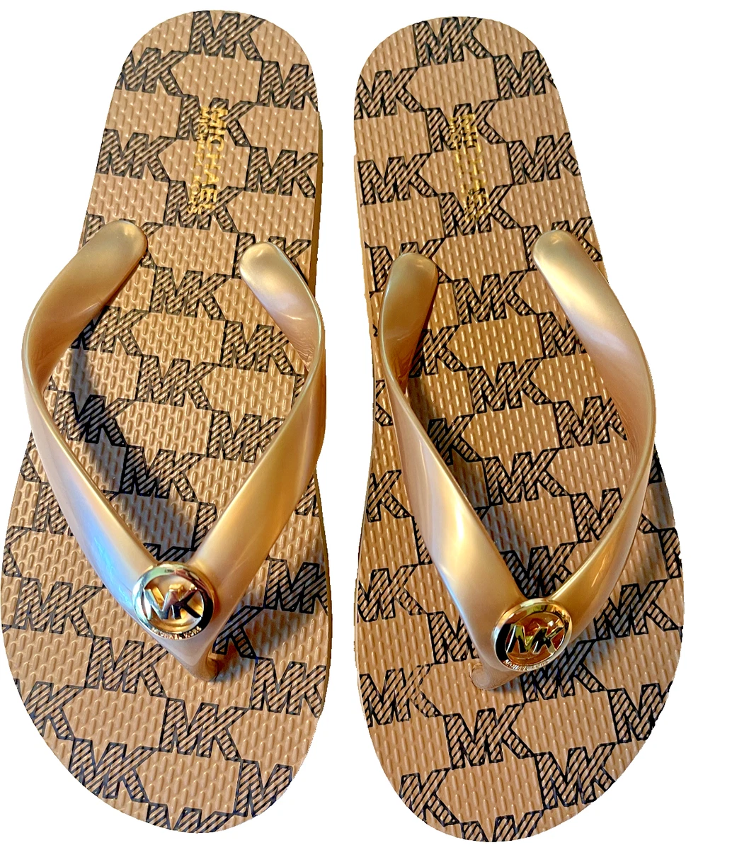 Michael Kors Jet Set Signature Logo Flip Flops Sandals Size 6 Gold