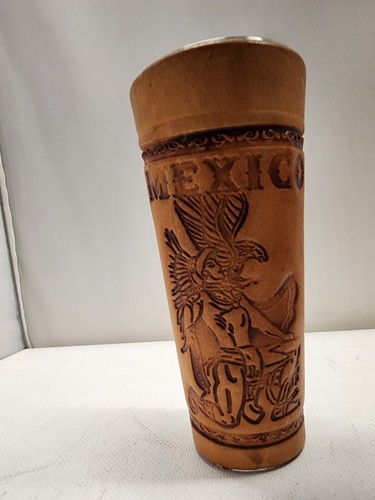 Mexican 2 Piece Set Hand Tooled Leather Wrapped Shot Glasses 4" Tall - Picture 5 of 5