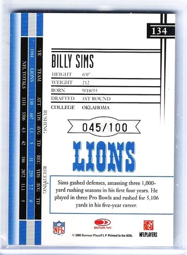 2006 Leaf Limited Monikers Autographs Gold 134 Billy Sims Auto (45/100) - Picture 2 of 2