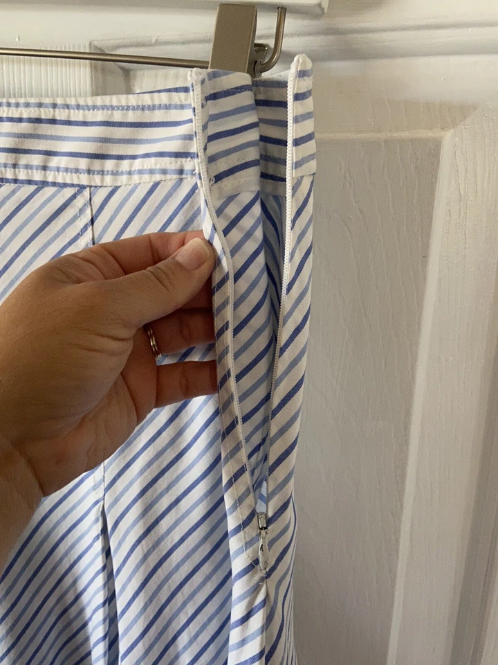 Theory A-line Pleated Skirt White Blue Stripes Cotton Size 4 - Image 3 of 4