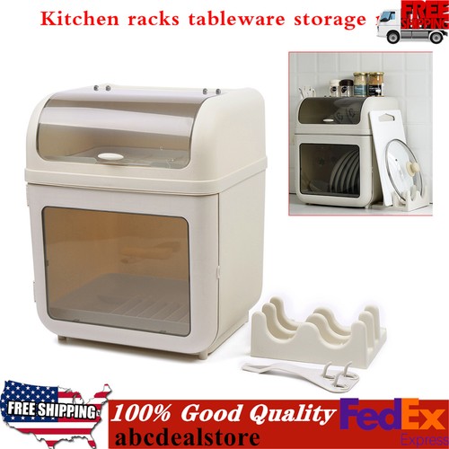Covered Kitchen Dish Drying Rack Plastic Dustproof Drain Storage Box Basket Hold