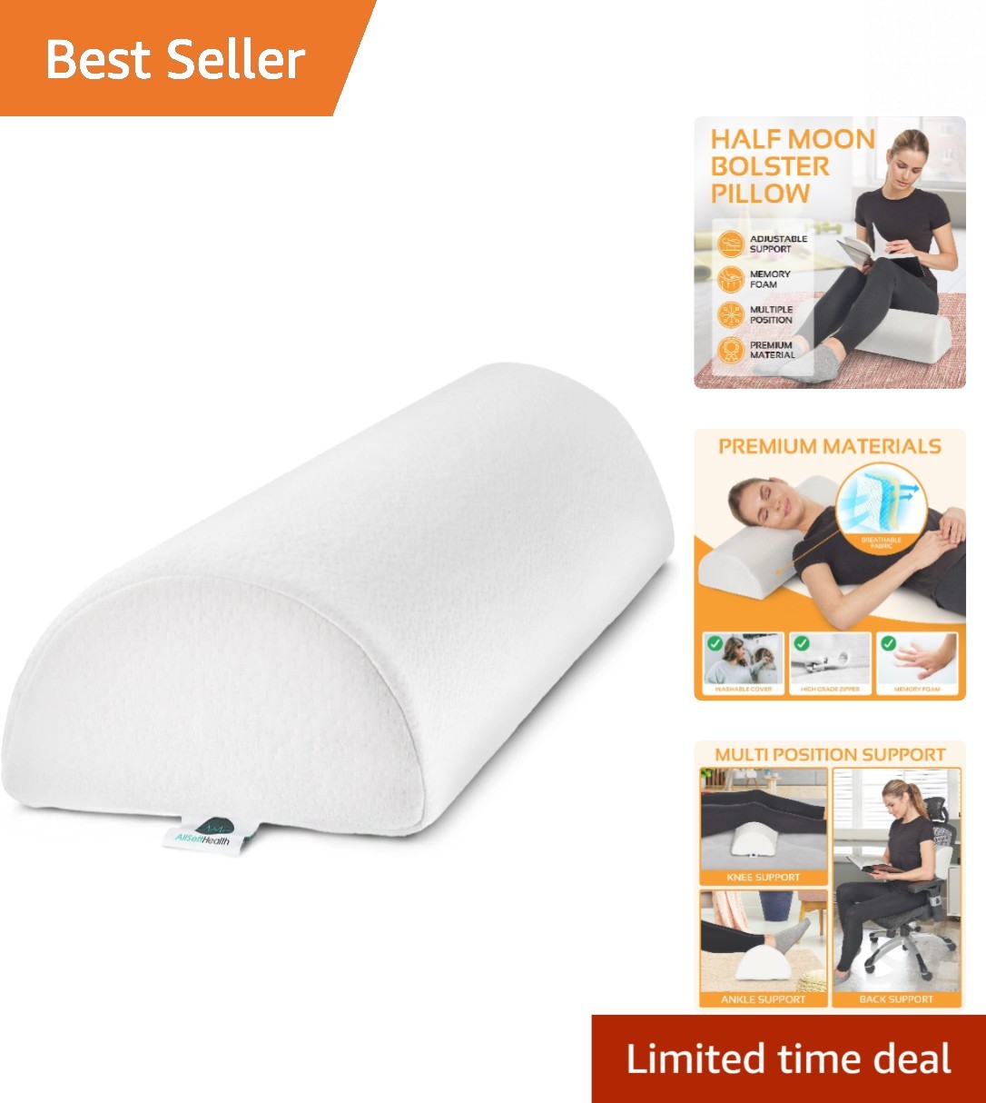 Extra Large Half Moon Memory Foam Bolster Pillow for Ultimat