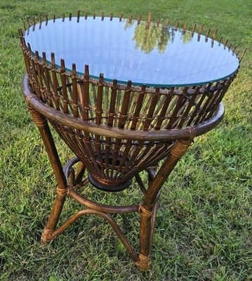 Vintage Mid Century Bamboo Rattan Fish Trap Side Table Glass Top Asian 