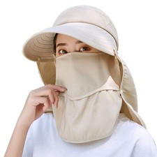 Women Wide Brim Sun Hat Face Mask Detachable Neck Face Flap Ponytail Men Summ...