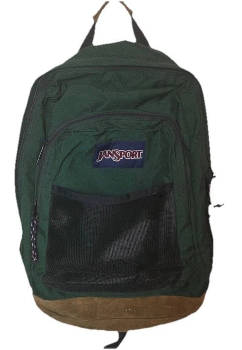 Mochila de viaje vintage años 90 Jansport de lona verde marrón gamuza cuero parte inferior Foto 2 de 4