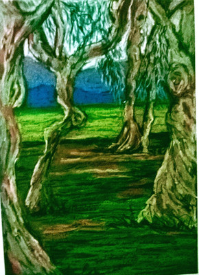 Original Öl Pastell Landschaft - Sintra Waldszene - A4 handgemalt Kunst