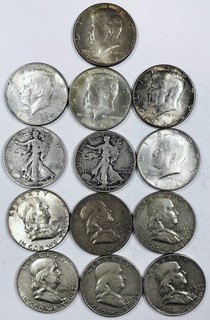 MIXED DATE ASSORTED US SILVER HALF DOLLAR LOT 13 TOTAL COINS NR #G4310