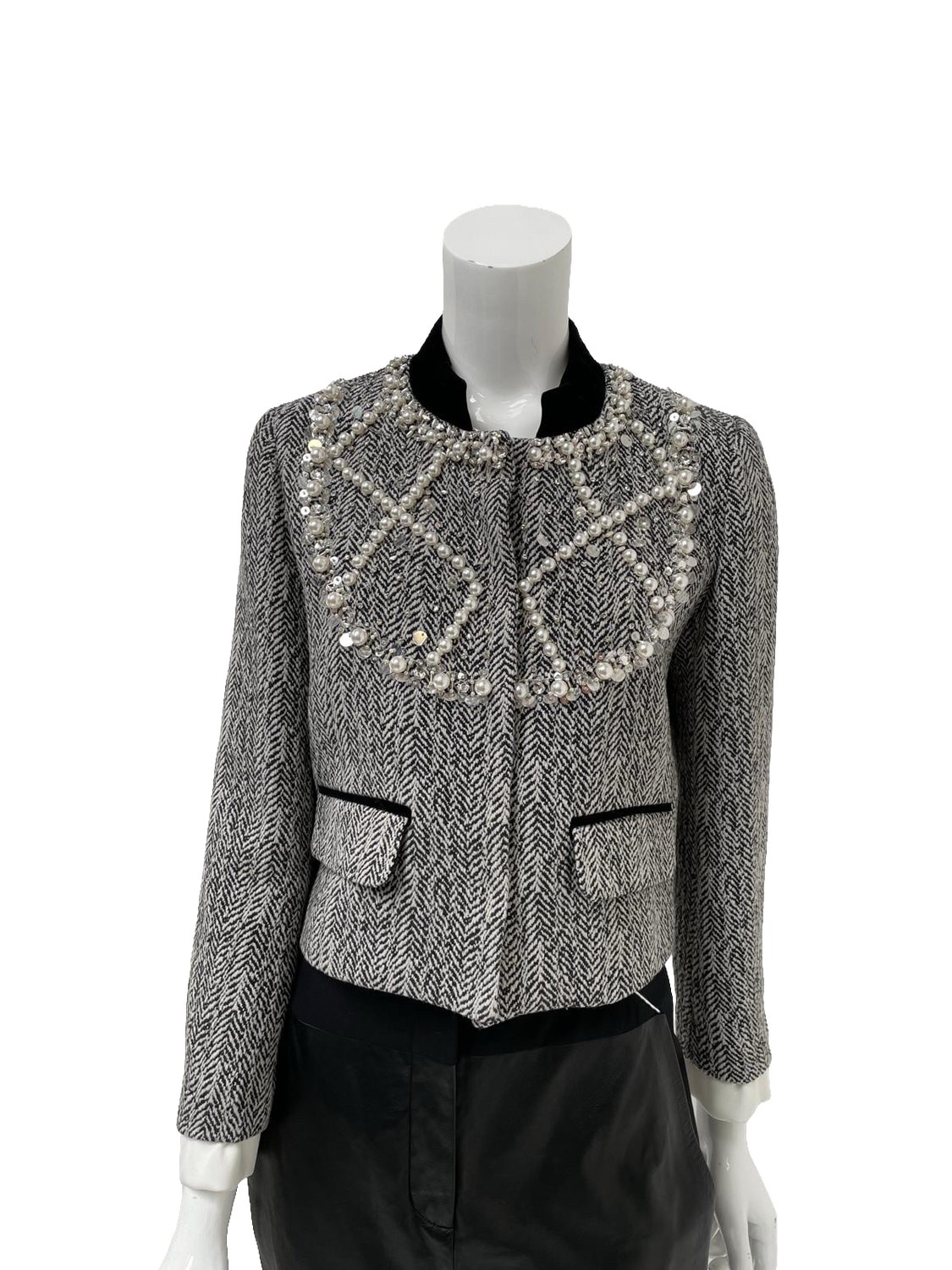 Chaqueta de tweed adornada mezcla de lana gris para mujer M blazer corto...