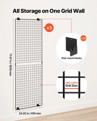 VEVOR 3 Packs Grid Wall Panels, 2 x 6 ft Wire Grid Panels Display Rack, Wall-Mou