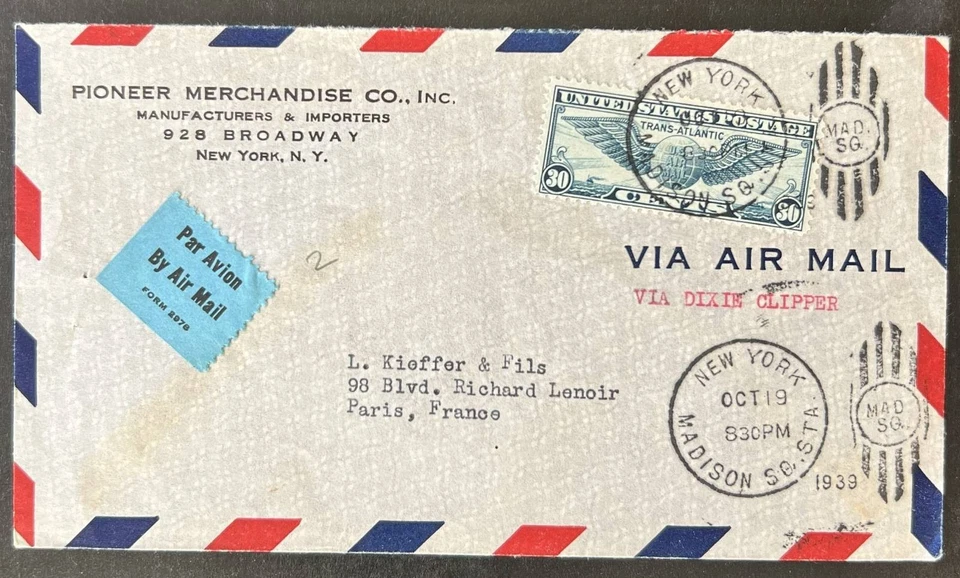 NUEVA YORK 1939 CORREO AÉREO VÍA DIXIE CLIPPER CUBIERTA SELLOS POSTALES DE ESTADOS UNIDOS VUELO PIONERO Foto 2 de 3
