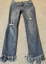 Free People Distressed Skinny Jeans Womens 26 Blue Denim Fringes Modern Grunge