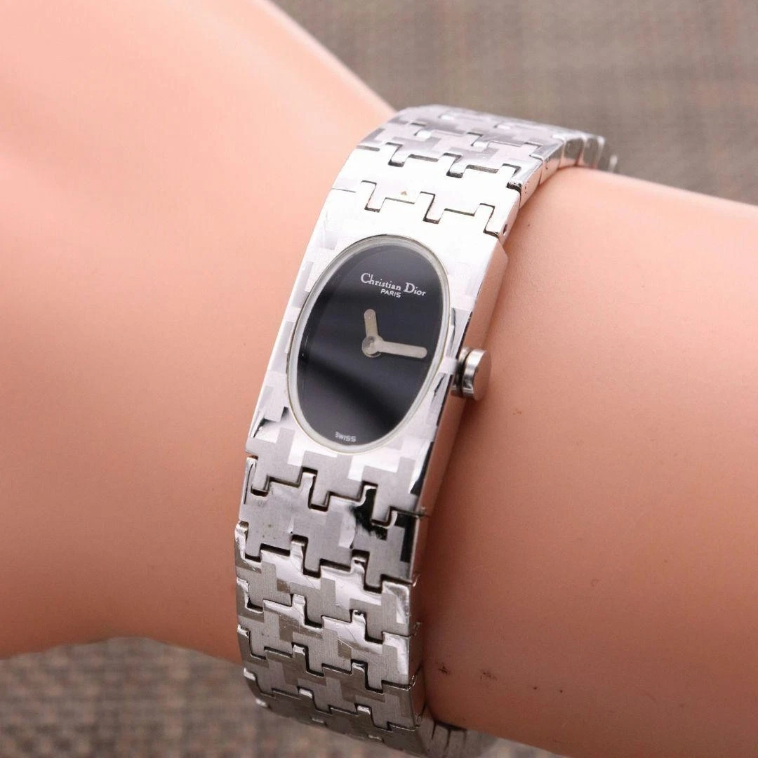 Christian Dior Orologio Donna Bracciale D70 100 Quadrante Nero Cintura Argento 84581K Autentico