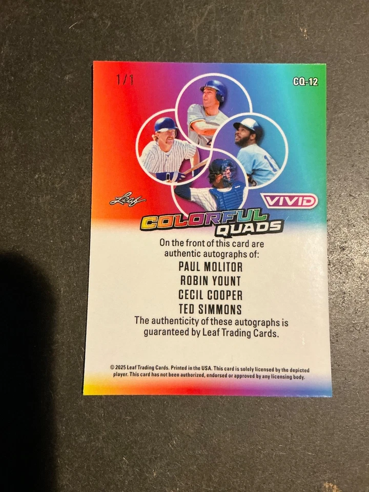 2025 Leaf Vivid Baseball Molitor/Yount/Cooper/Simmons Quad Autos #1/1 Brewers - Image 2 of 2