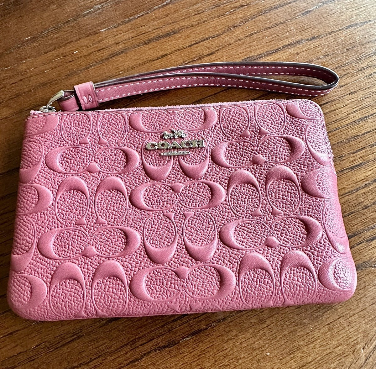 Coach Pink Signature Embossed Leather Wristlet Wallet Zip | eBay