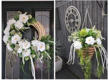 Hanging basket matching wreath realistic artificial silk flowers and foliage 