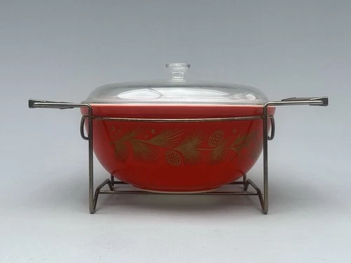 Vintage Pyrex 404 Red Golden Leaf Holly Pine Cone Christmas 4 Qt w/Lid & Cradle