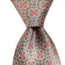 LANVIN Paris Men's 100% Silk Necktie FRANCE Designer Geometric Tan/Gray/Pink EUC