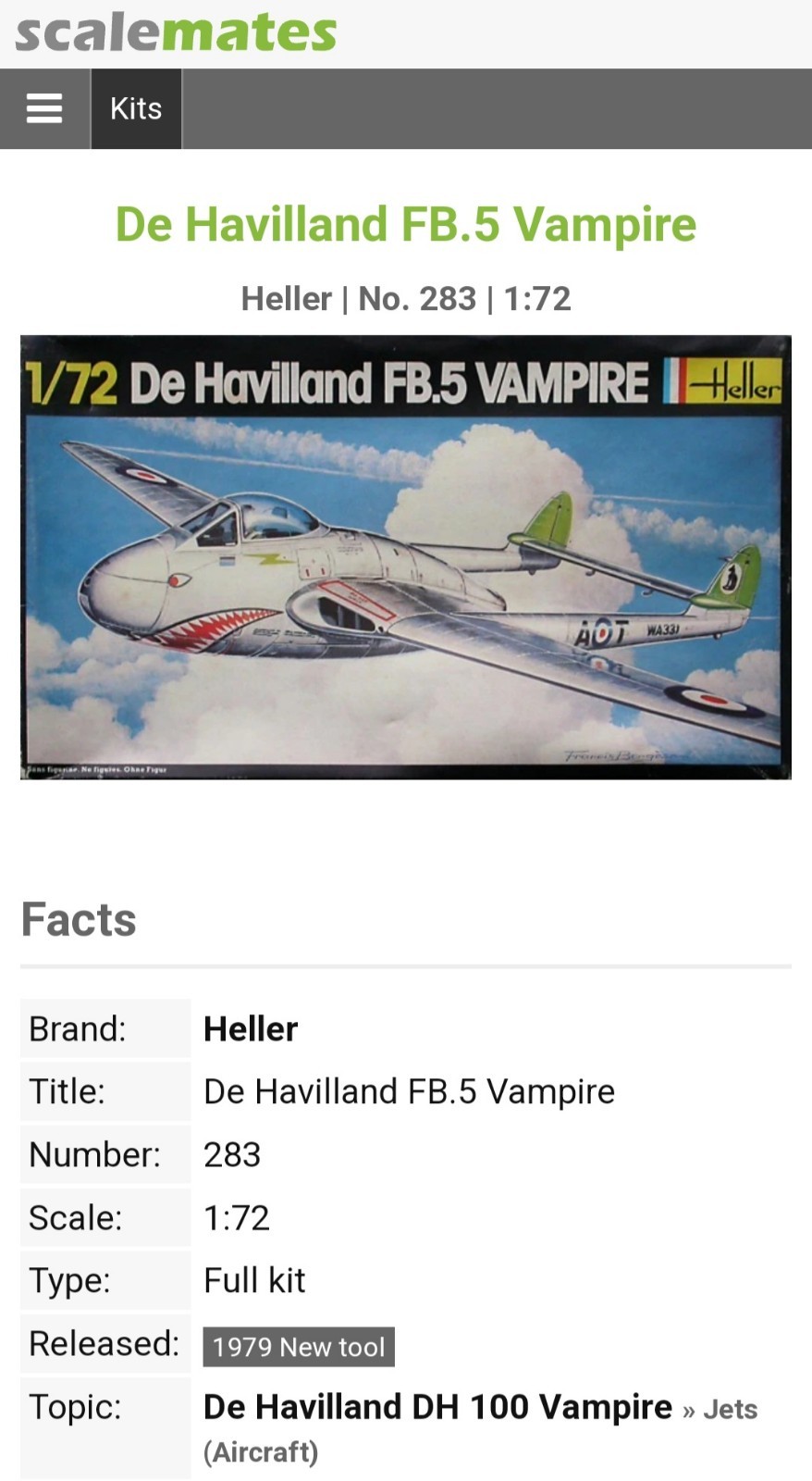 1979 Heller De Havilland FB.5 Vampire 1/72 Scale Kit 283 New Sealed Box² SeePics