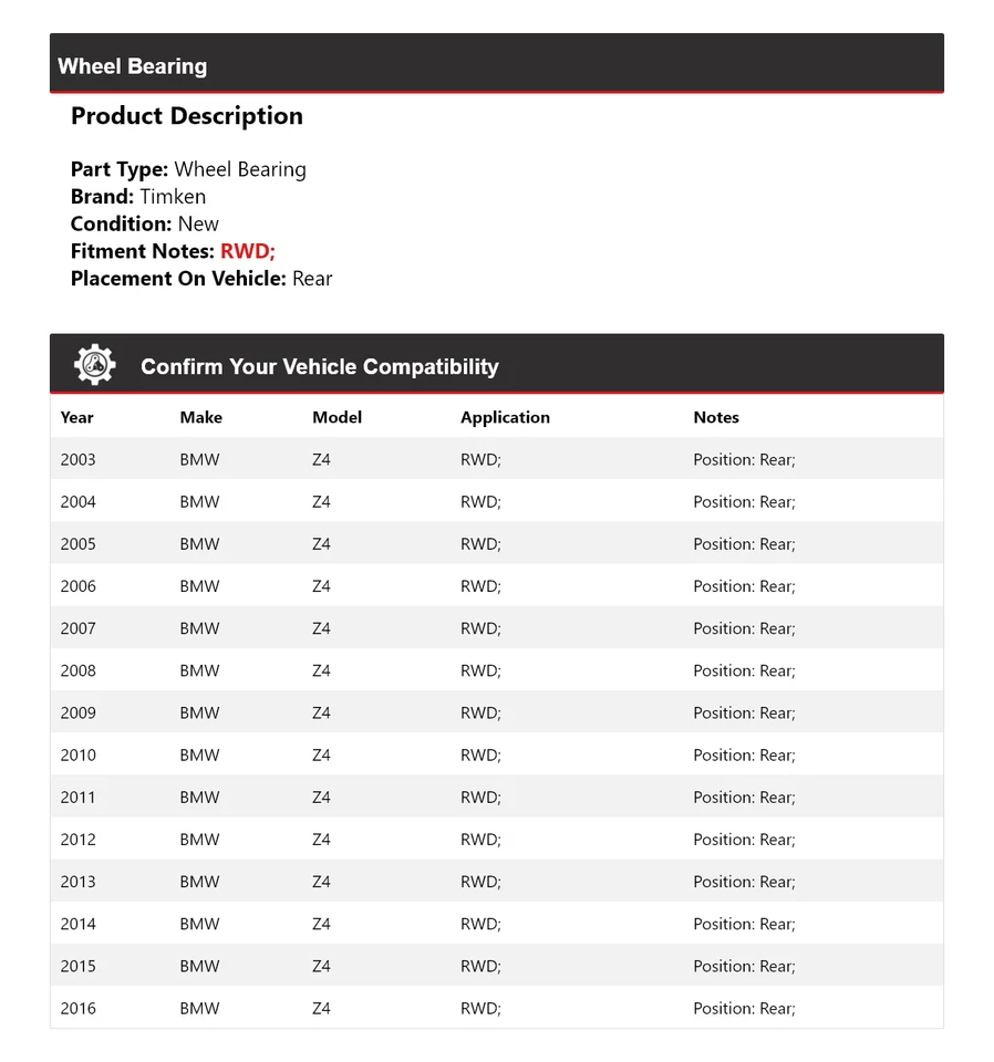 Cojinete de rueda trasero Timken 2004 2005 2006 2007 2008 2009 para BMW Z4 2003-2016 Foto 2 de 4