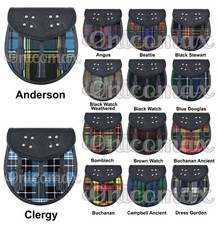 Scottish Men's Tartan Sporran with Chain Strap Premium Black Leather Sporran