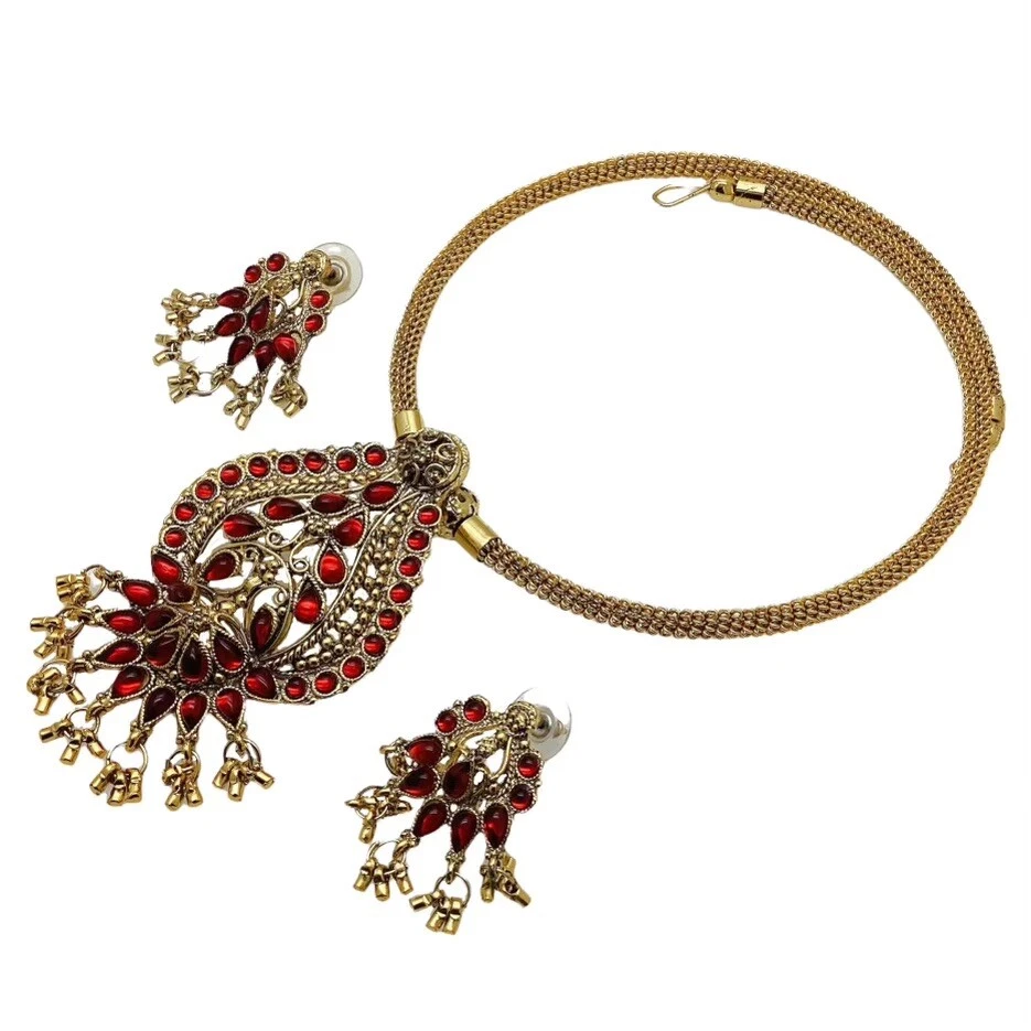Gargantilla Collar Tono Dorado Pendientes Glam Kundan Conjunto Estrás Rojo Boho Étnico Foto 4 de 4