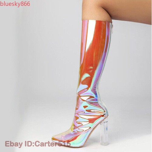 Women transparent High Heels Party Shoes PVC Pointed Toe Knee High Clear Boots - Picture 17 of 27