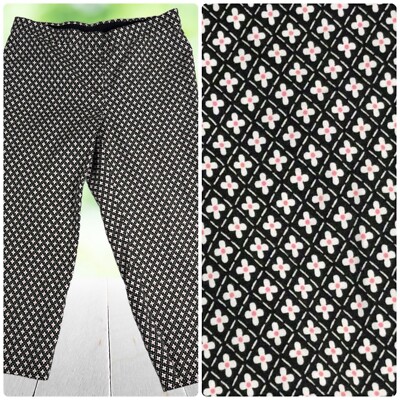 J JILL Cropped Capri Pants Womens 12P Stretch Black + Posies Preppy Golf Travel