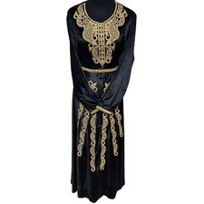 Moroccan Women Black Blue Embroidered Velvet Long Maxi Dress Kaftan Abaya Pan...