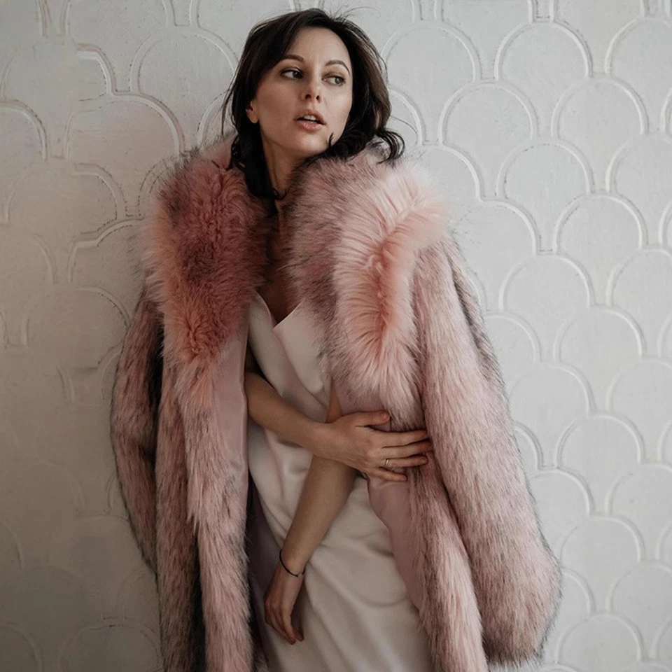 Abrigo de piel de zorro sintético con cuello de solapa para mujer Abrigo medio largo Invierno Rosa Prendas exteriores peludas Foto 4 de 4