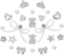 24Pcs Bling Pearl Bow Shoe Charms for Clog Sandals Women, Bear, Flower, Pearl Ac