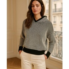 Moussy Black White Knitted Stripe Hooded Cotton Blend Sweater Small