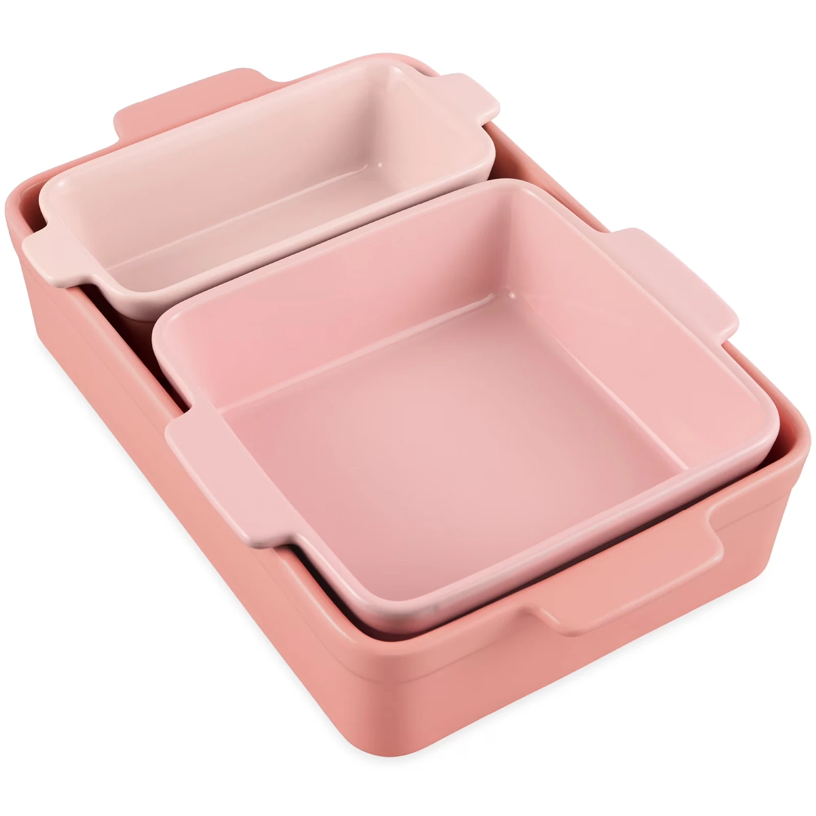 Ceramic Bakeware Set of 3 Casserole, Loaf, and Square Dishes W/ Handles - Pink C