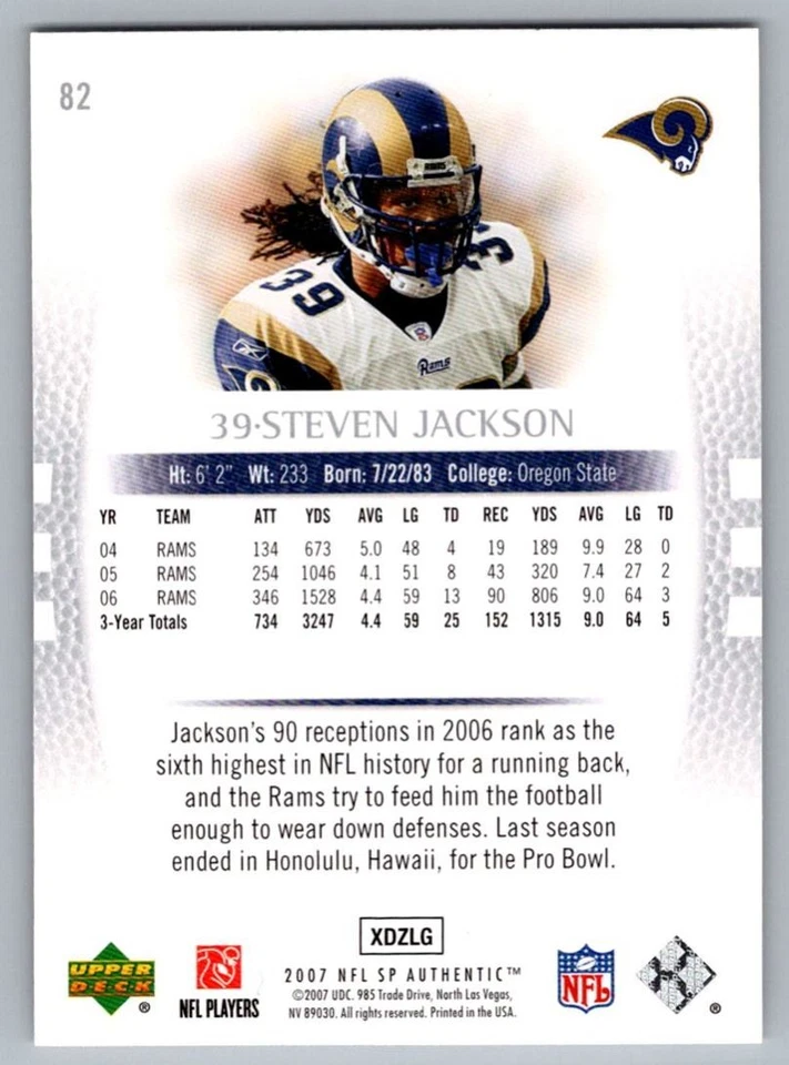2007 SP Authentic Steven Jackson St. Louis Rams #82 - Image 2 of 2