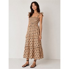 Faithfull the Brand Rianne Midi Dress Emelda Polka Dot Print Biscuit Linen S