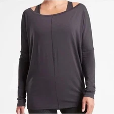 Athleta FAB! Essence Flow Loose Top in Charcoal Gray Dolman Sleeve Boat Neck XL