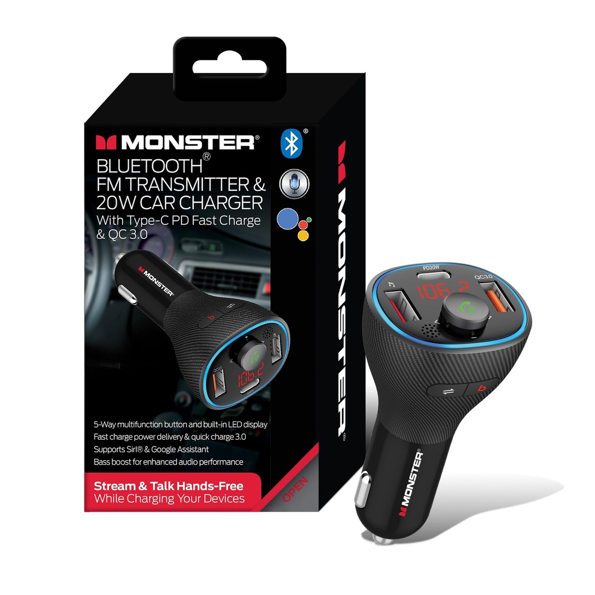 cigarette lighter bluetooth car Monster Bluetooth FM Transmitter for Car Cigarette Lighter with 20W QC3.0  USB