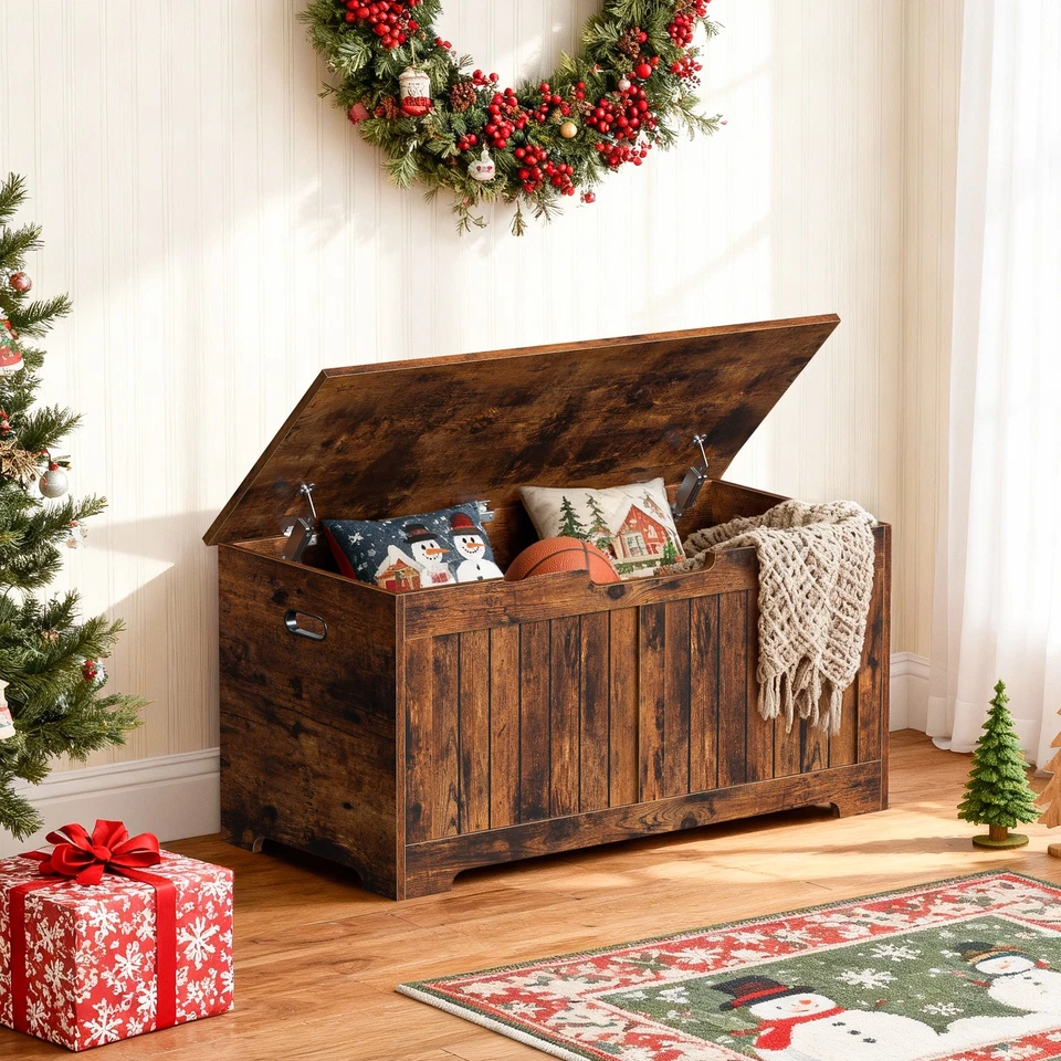 Caja de juguetes de banco de madera de 39" con tapa abatible y 2 bisagras de seguridad marrón Foto 2 de 4
