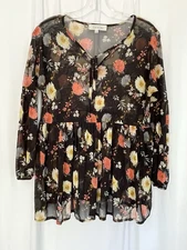 Eden & Olivia Womens Sheer Black Floral Blouse Top Size Small Stretch 3/4 Sleeve
