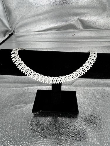 Vintage Signed Monet White Enamel Interlocking Ribbon Linked Choker 1960s