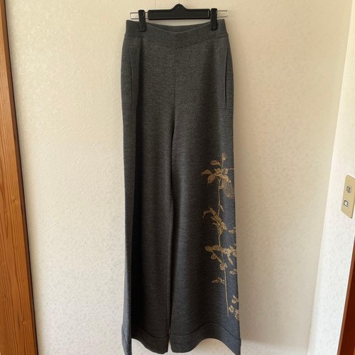 DRIES VAN NOTEN Gray Knit Wide Leg Trousers Gold Floral Embroidery