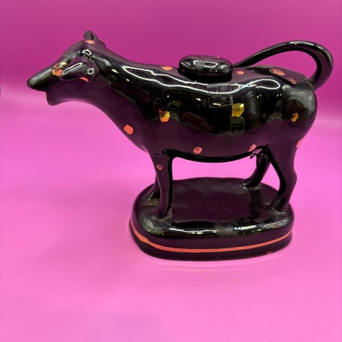 Vintage Black Cow Creamer Pitcher Folk Art Pottery Hand Painted