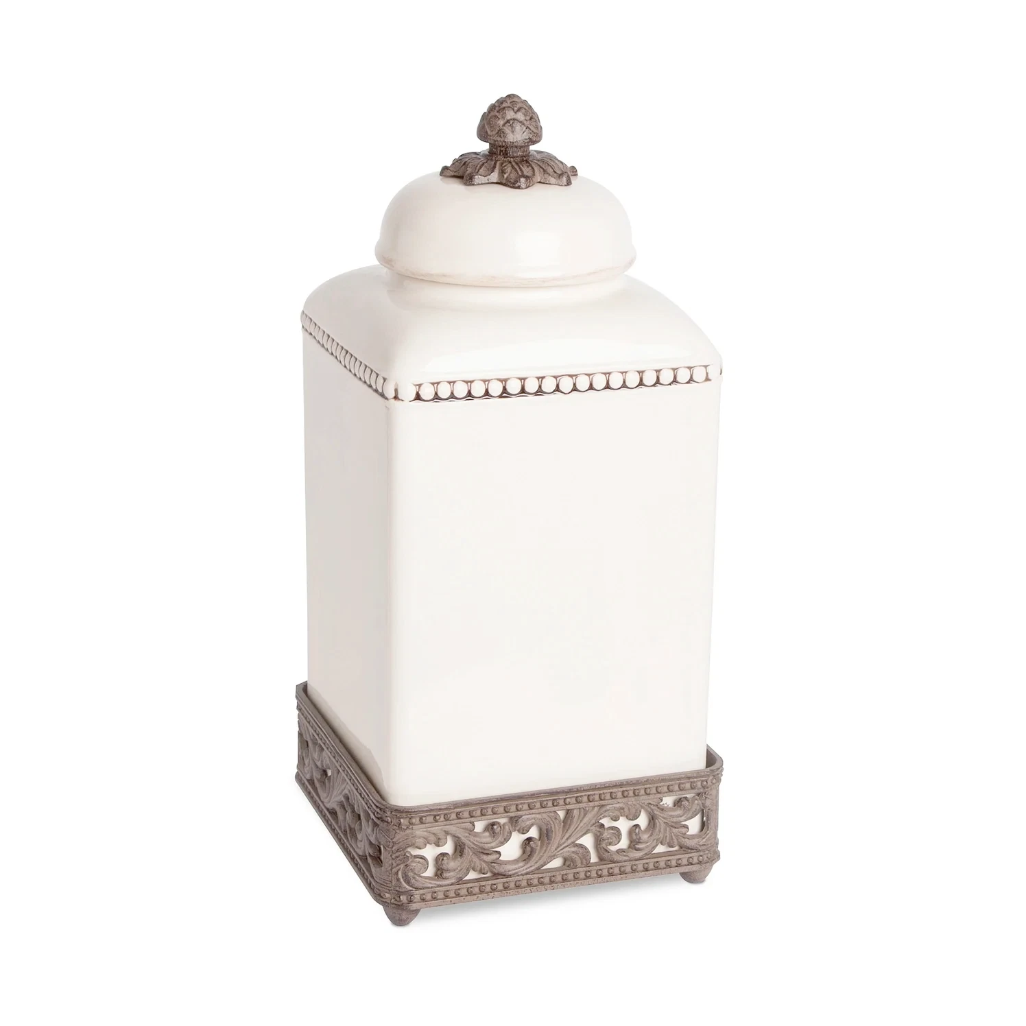 Large traditional style square ceramic cream & iron acanthus kitchen canister