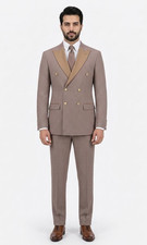 Men's 80 Wool Double Breasted Suit Tan Houndstooth Gold Buttons 2pc Set Sz 36-5