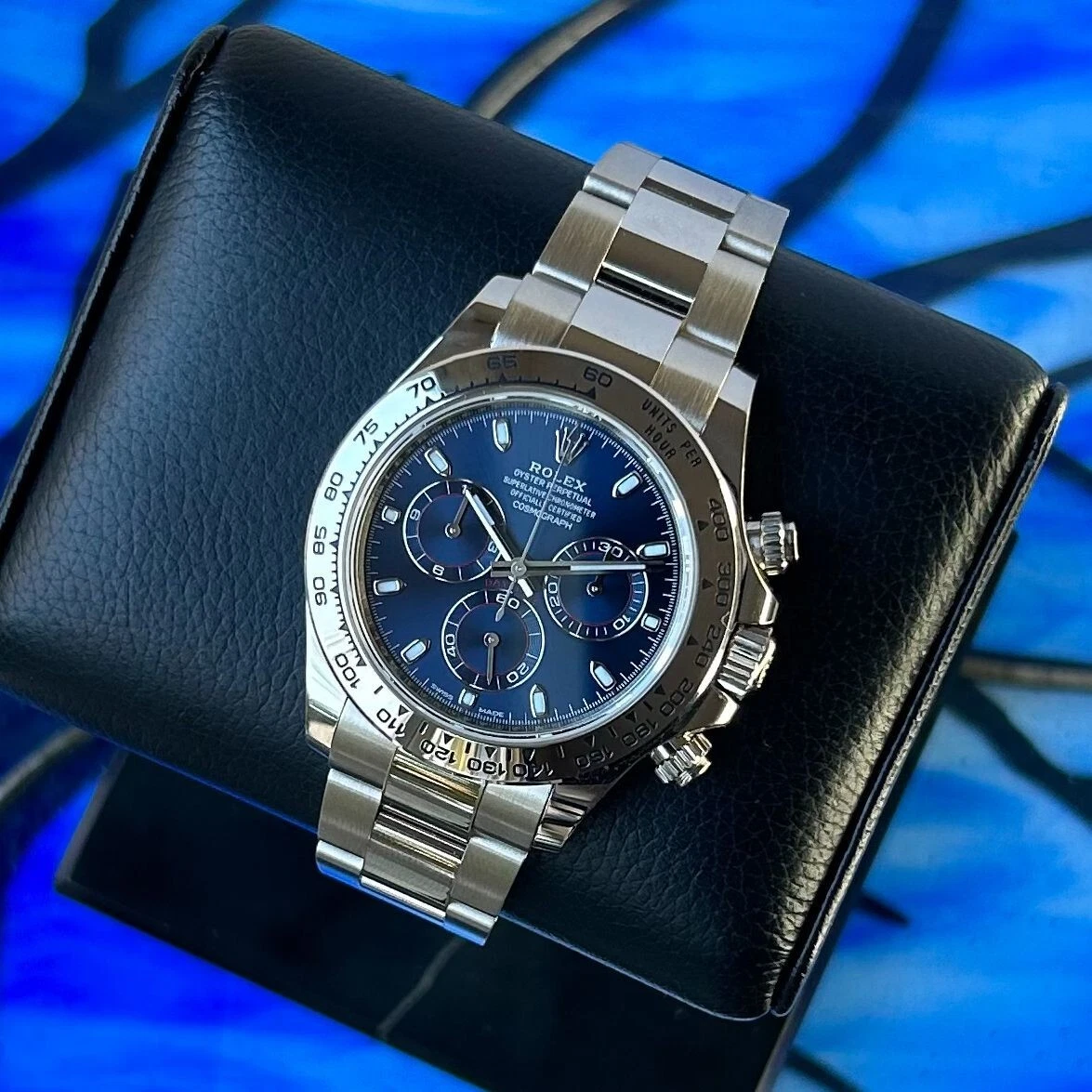 Rolex daytona white gold blue clearance dial